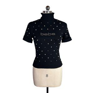 vintage y2k bebe pearl crystal bling knit top black shirt rhinestone spellout tg